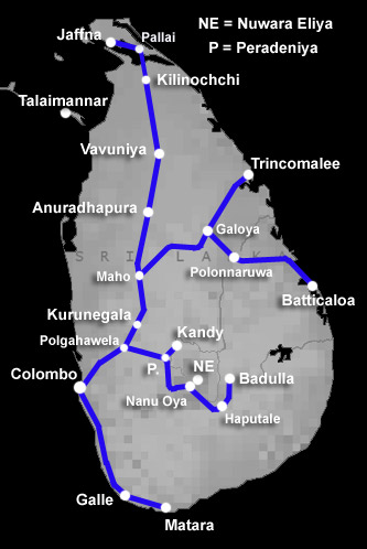 Hovedlinierne for tog i Sri Lanka.